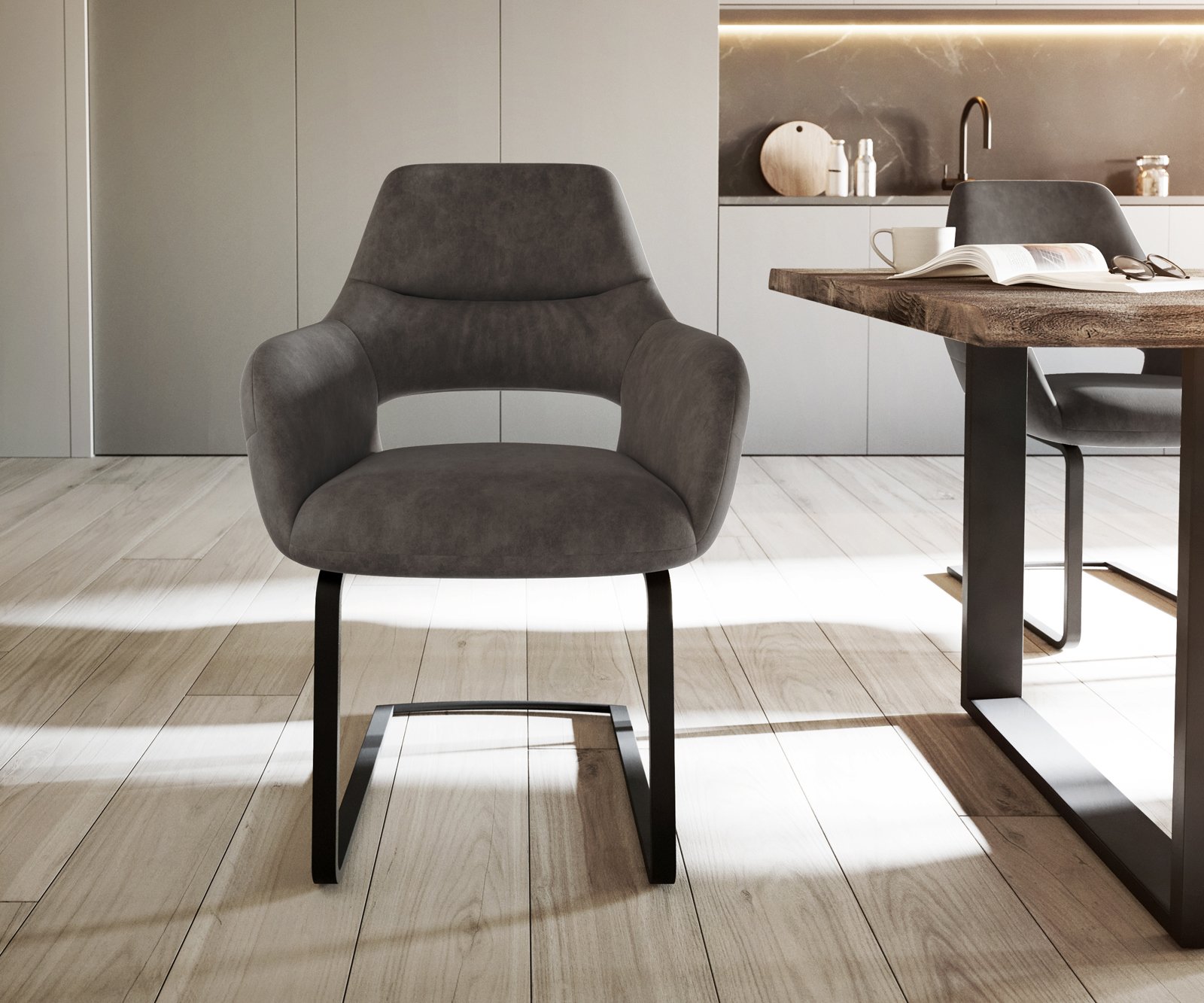 Jedálenská stolička Yago-Flex s opierkami mikrovlákno antracit vintage jedálenská stolička plochá čierna vrecková pružina - Image 2