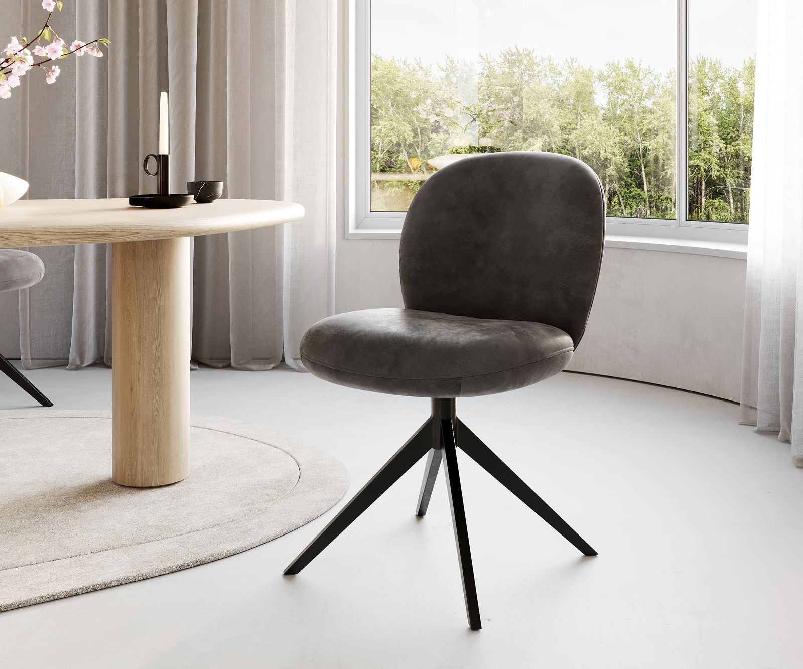 Otočná jedálenská stolička Nube-Flex mikrovlákno antracit vintage krížová podstava široká čierna otočná 360° vrecková pružina