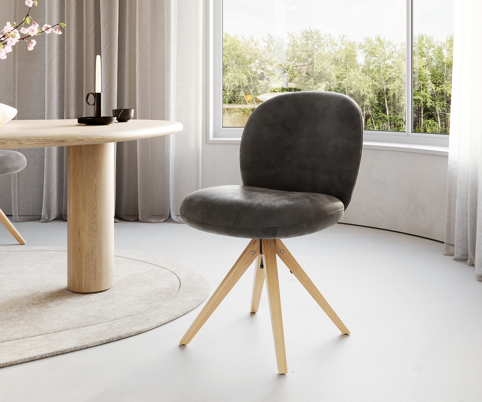 Jedálenská stolička Nube-Flex mikrovlákno antracitová vintage drevená podstava hranatá prírodná 180° otočná vrecková pružina