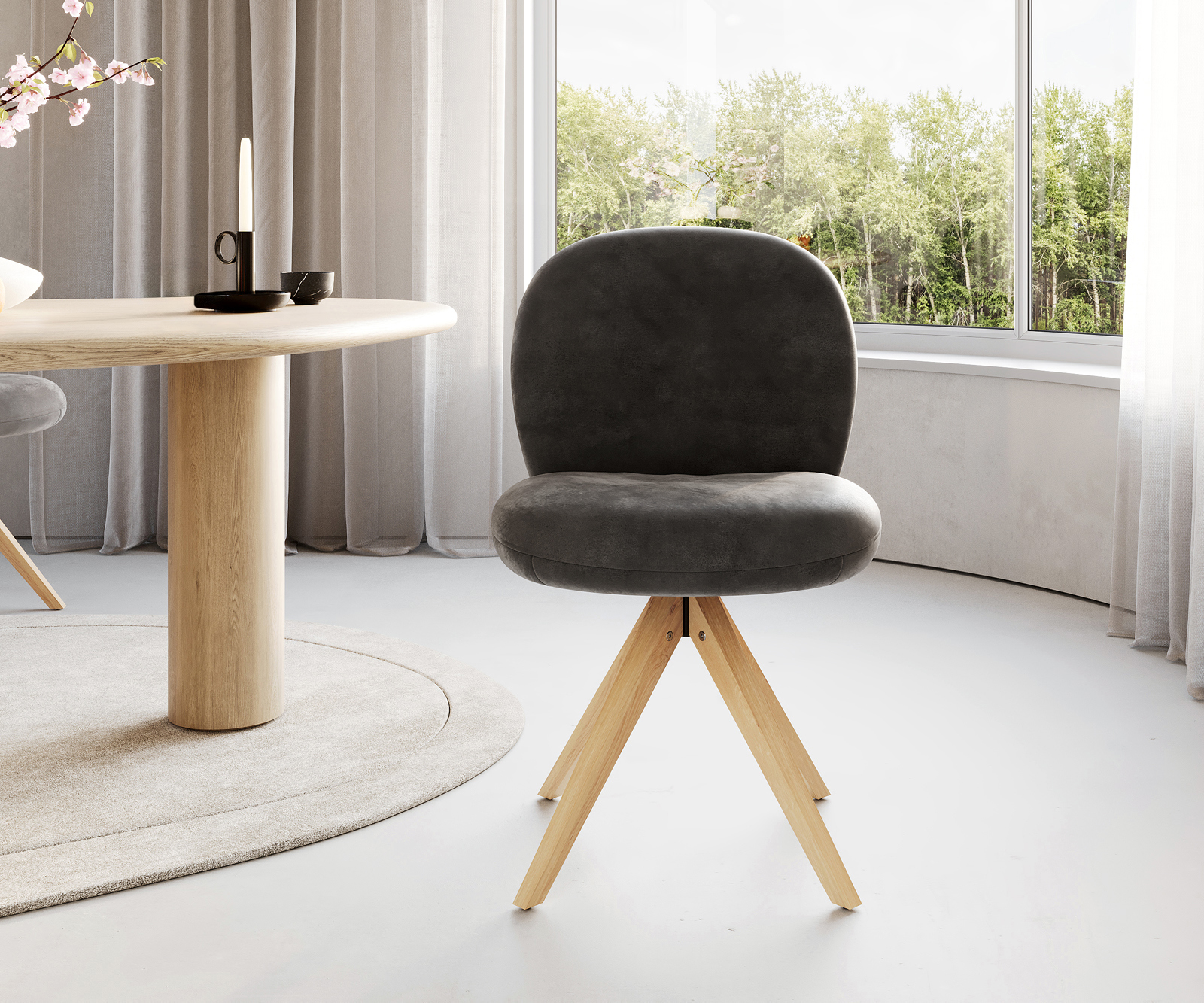 Jedálenská stolička Nube-Flex mikrovlákno antracitová vintage drevená podstava hranatá prírodná 180° otočná vrecková pružina - Image 2