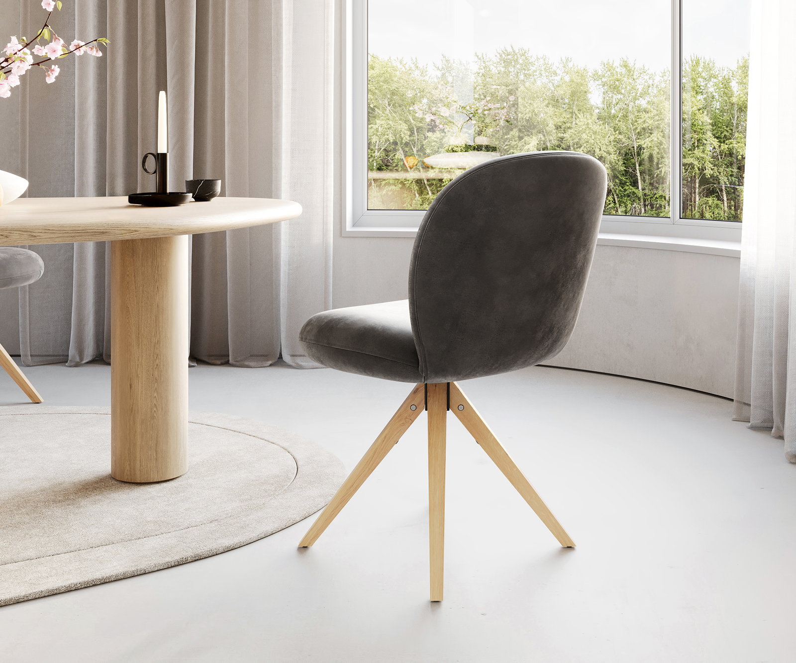 Jedálenská stolička Nube-Flex mikrovlákno antracitová vintage drevená podstava hranatá prírodná 180° otočná vrecková pružina - Image 5