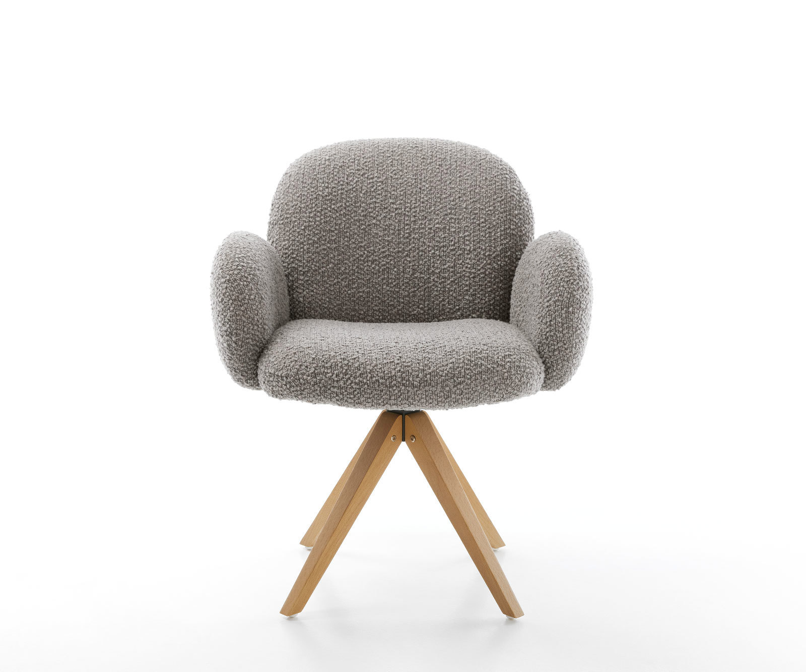 Otočná jedálenská stolička Nube-Flex s opierkami bouclé strieborno sivá drevená podstava hranatá prírodná 180° otočná vrecková pružina - Image 2