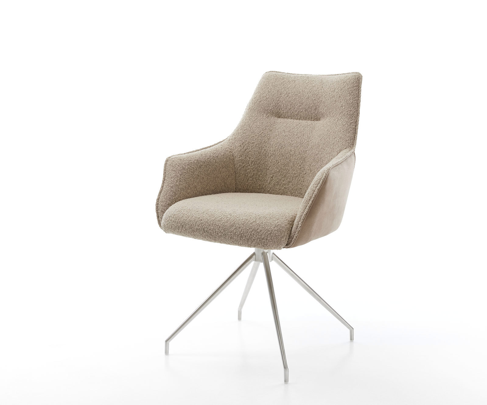 Otočná jedálenská stolička Alja-Flex s opierkami zmiešané materiály tmavobéžová krížová podstava zúžená nerezová oceľ otočná o 180° vrecková pružina