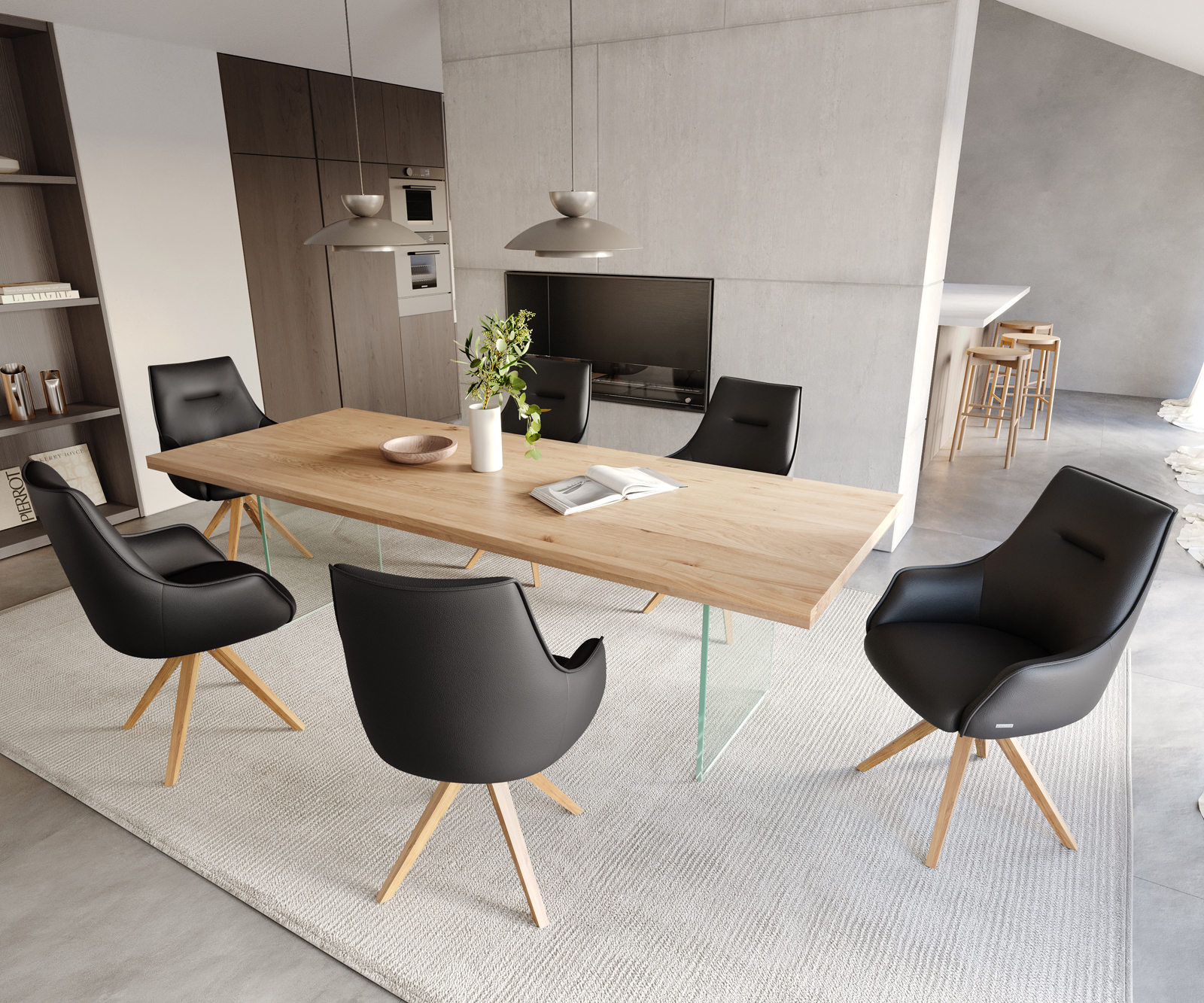 Otočná jedálenská stolička Alja-Flex s opierkami pravá koža čierna drevená podstava hranatá prírodná 180° otočná vrecková pružina - Image 5