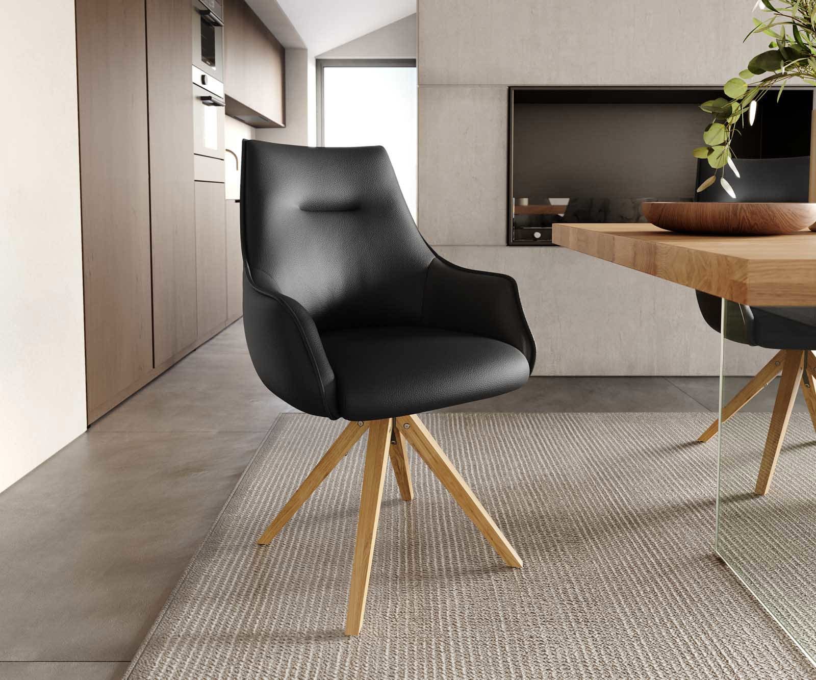 Otočná jedálenská stolička Alja-Flex s opierkami pravá koža čierna drevená podstava hranatá prírodná 180° otočná vrecková pružina