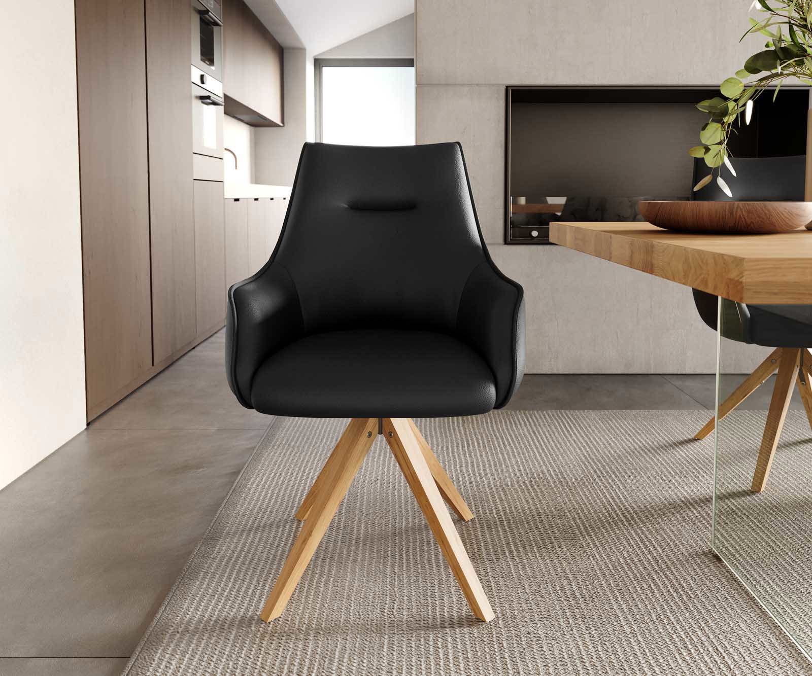 Otočná jedálenská stolička Alja-Flex s opierkami pravá koža čierna drevená podstava hranatá prírodná 180° otočná vrecková pružina - Image 2