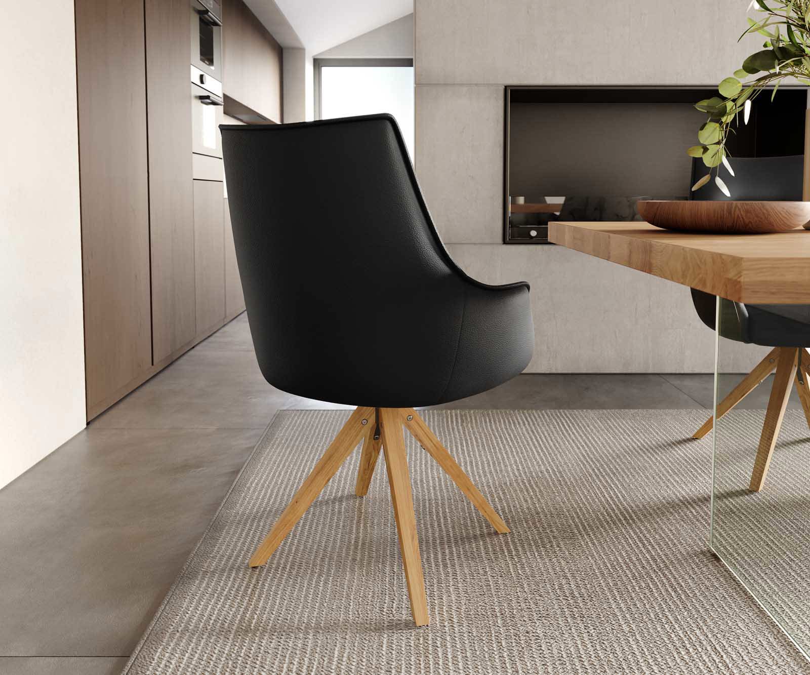 Otočná jedálenská stolička Alja-Flex s opierkami pravá koža čierna drevená podstava hranatá prírodná 180° otočná vrecková pružina - Image 4