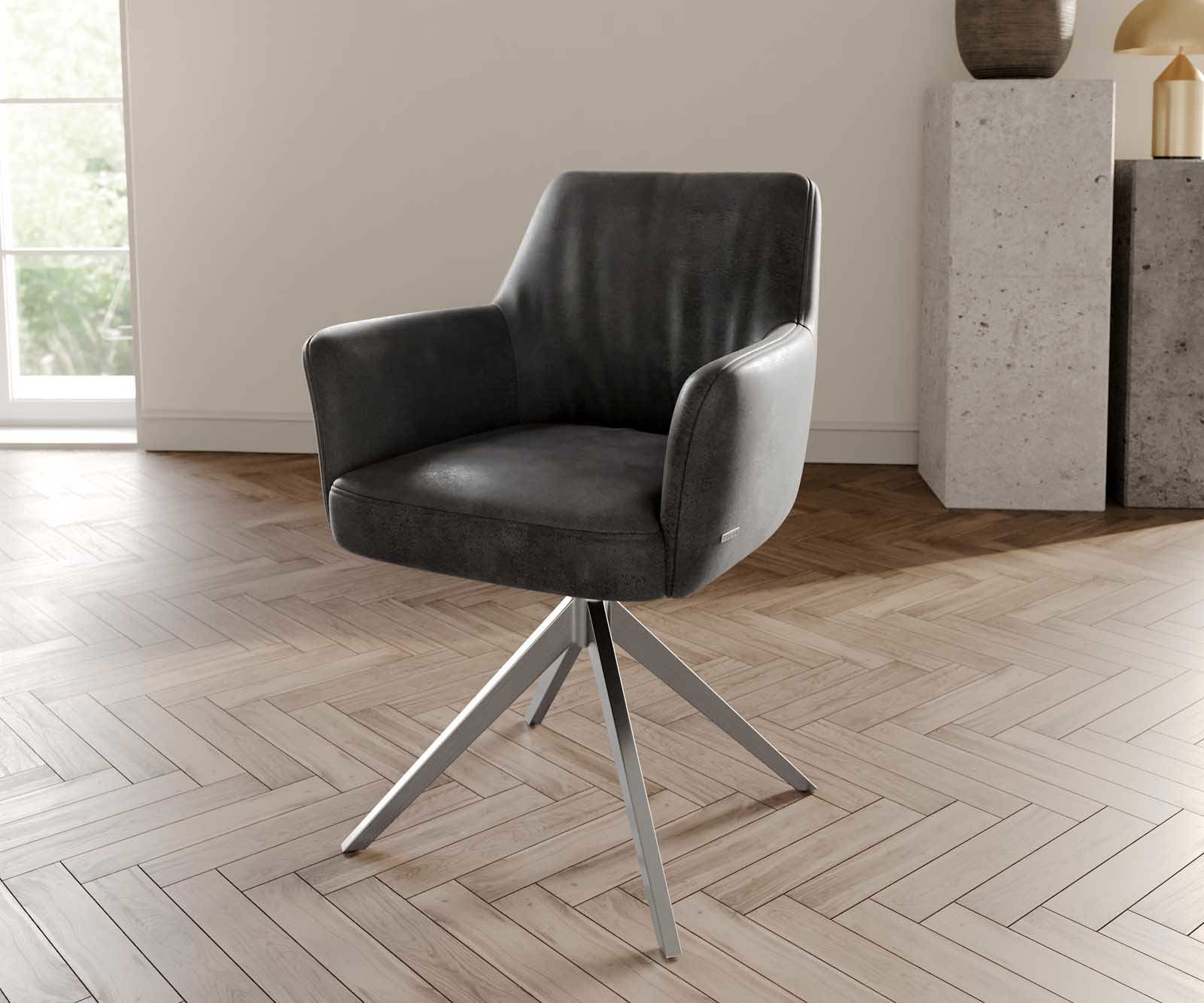 Jedálenská stolička Xana-Flex s opierkami mikrovlákno antracit vintage krížová podstava široká nerezová oceľ 360° otočná vrecková pružina