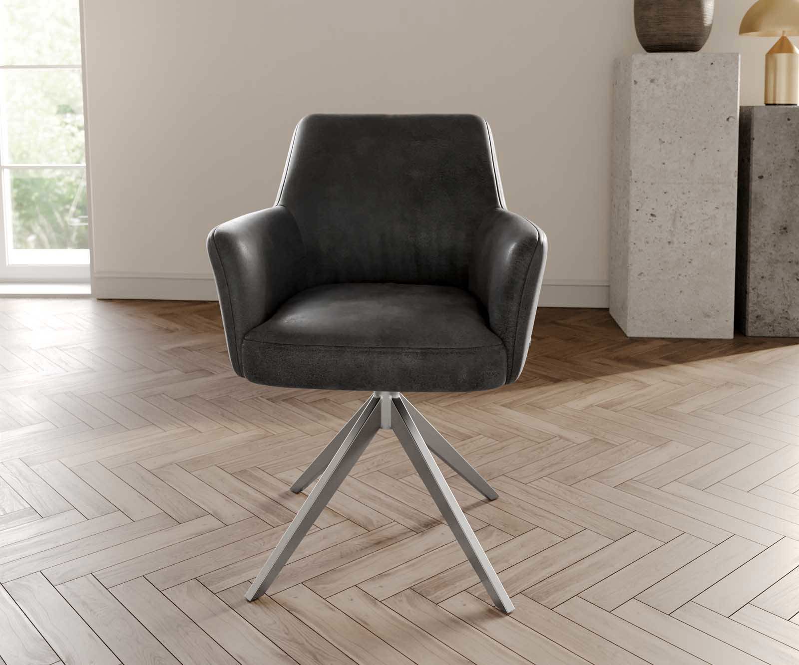 Jedálenská stolička Xana-Flex s opierkami mikrovlákno antracit vintage krížová podstava široká nerezová oceľ 360° otočná vrecková pružina - Image 2