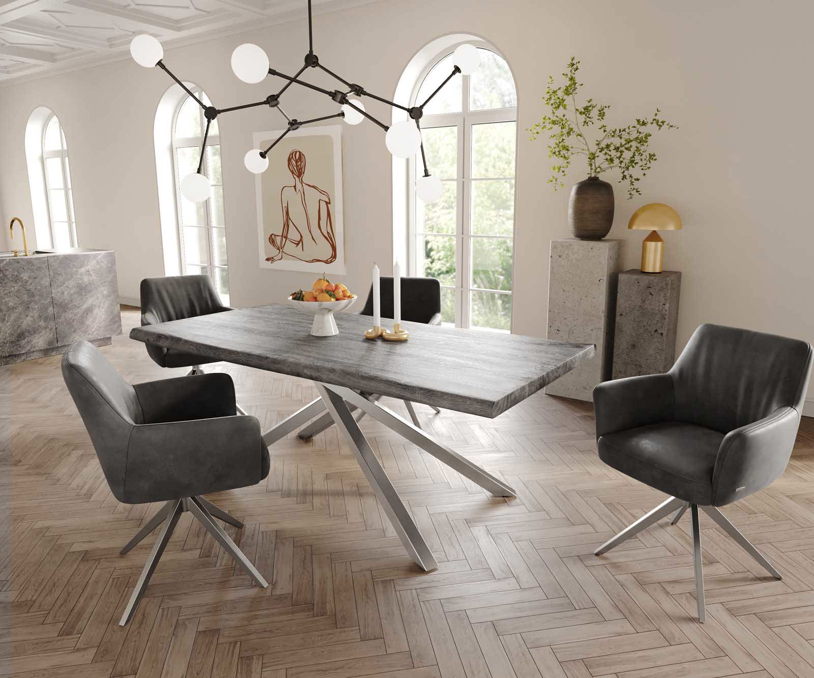 Jedálenská stolička Xana-Flex s opierkami mikrovlákno antracit vintage krížová podstava široká nerezová oceľ 360° otočná vrecková pružina - Image 5