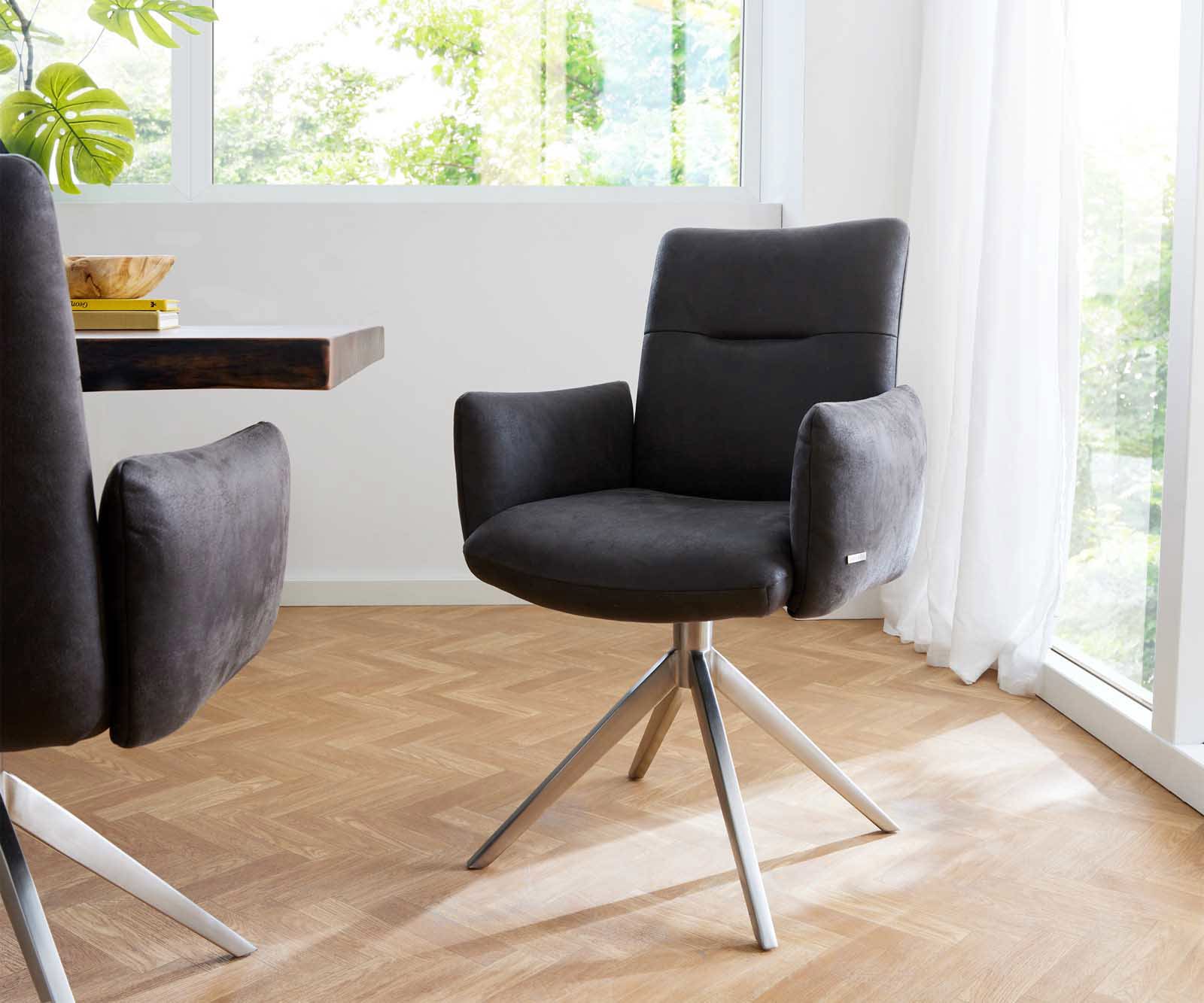 Otočná jedálenská stolička Jova-Flex s opierkami mikrovlákno antracit vintage krížová podstava široká nerezová oceľ 360° otočná vrecková pružina