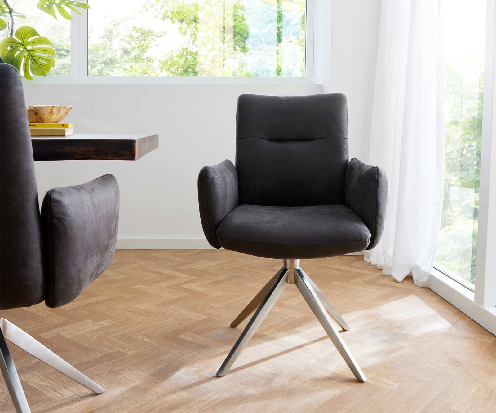 Otočná jedálenská stolička Jova-Flex s opierkami mikrovlákno antracit vintage krížová podstava široká nerezová oceľ 360° otočná vrecková pružina - Image 2