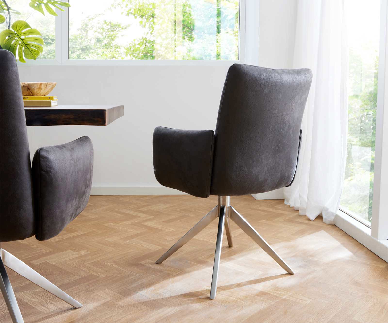 Otočná jedálenská stolička Jova-Flex s opierkami mikrovlákno antracit vintage krížová podstava široká nerezová oceľ 360° otočná vrecková pružina - Image 5