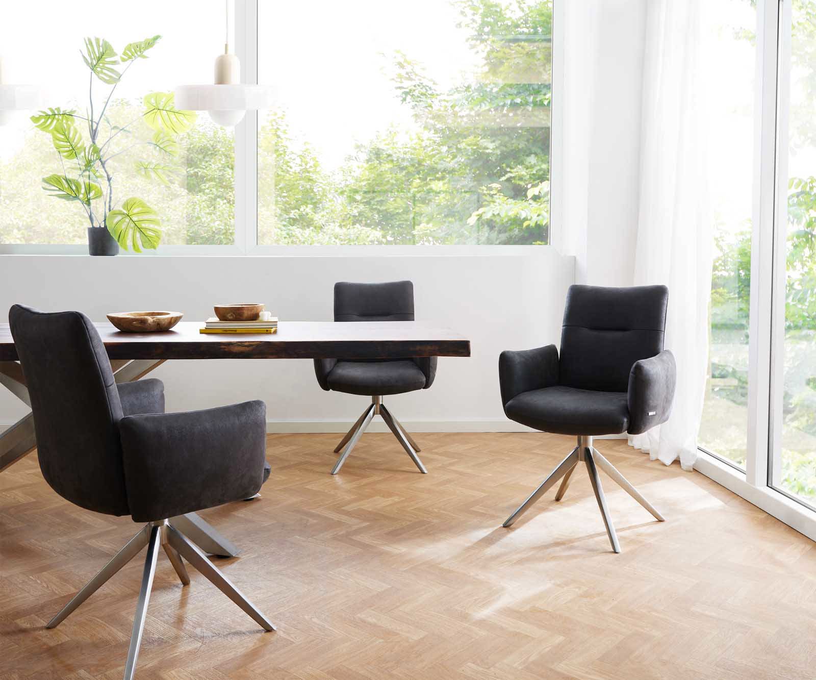 Otočná jedálenská stolička Jova-Flex s opierkami mikrovlákno antracit vintage krížová podstava široká nerezová oceľ 360° otočná vrecková pružina - Image 6