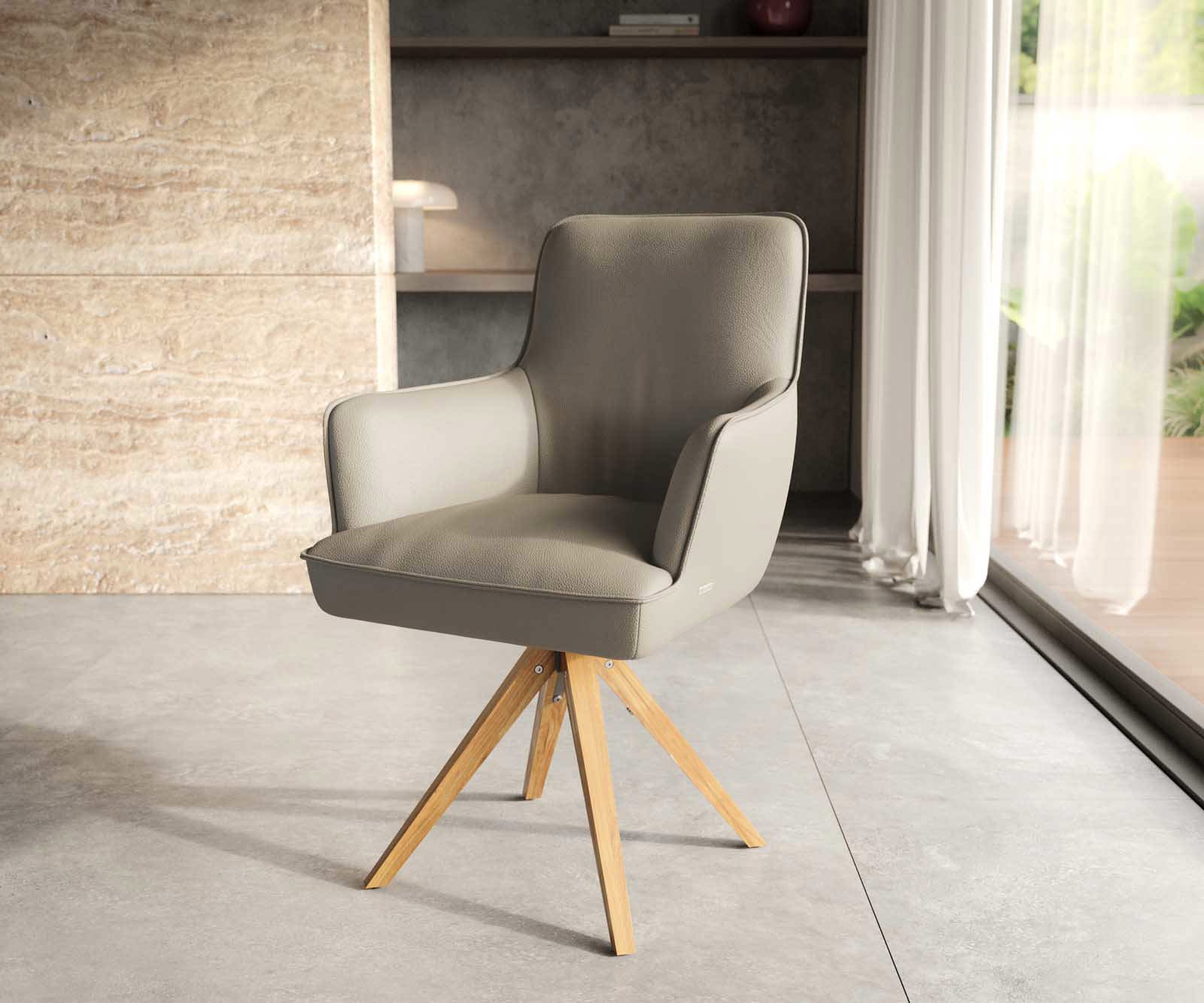 Otočná jedálenská stolička Heira-Flex s opierkami pravá koža tmavobéžová drevená podstava hranatá prírodná 180° otočná vrecková pružina