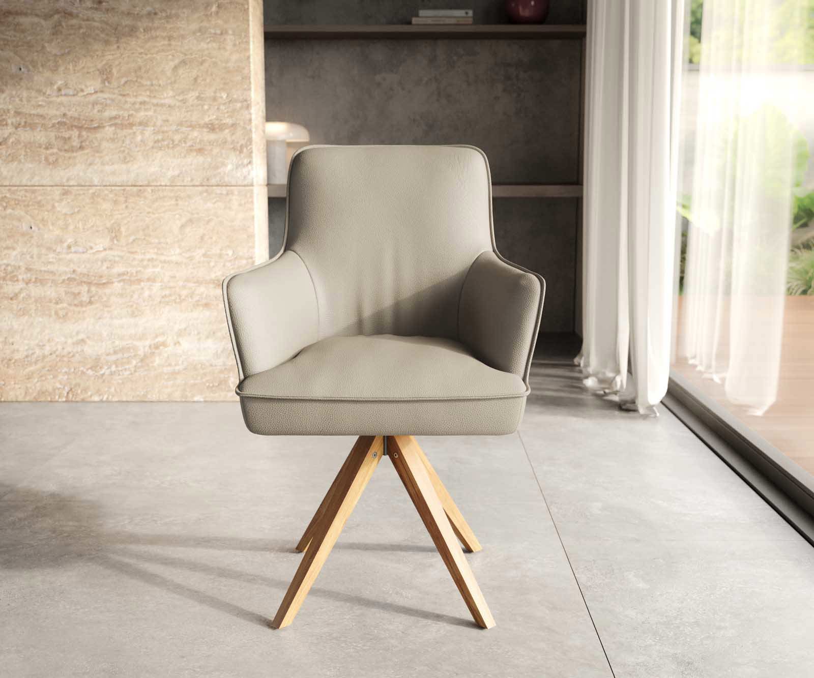 Otočná jedálenská stolička Heira-Flex s opierkami pravá koža tmavobéžová drevená podstava hranatá prírodná 180° otočná vrecková pružina - Image 2