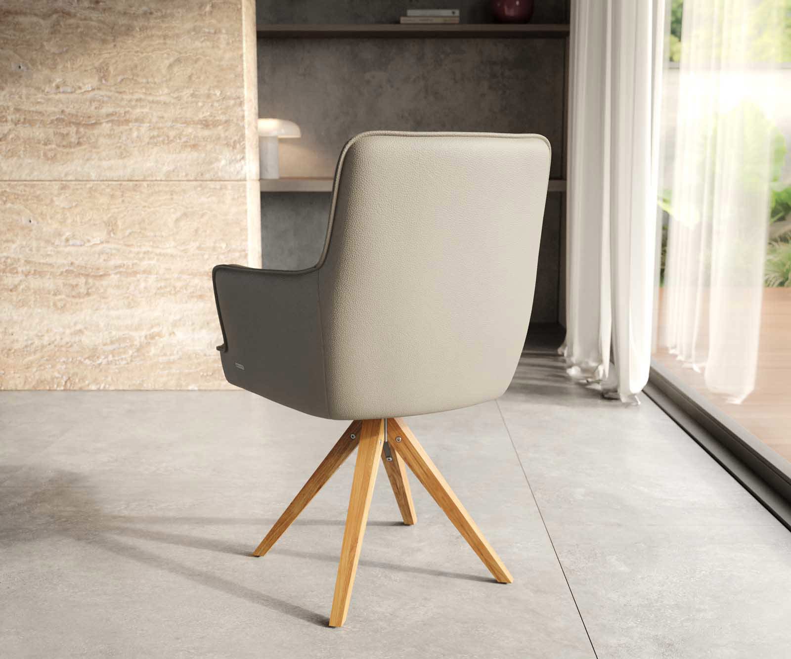 Otočná jedálenská stolička Heira-Flex s opierkami pravá koža tmavobéžová drevená podstava hranatá prírodná 180° otočná vrecková pružina - Image 4