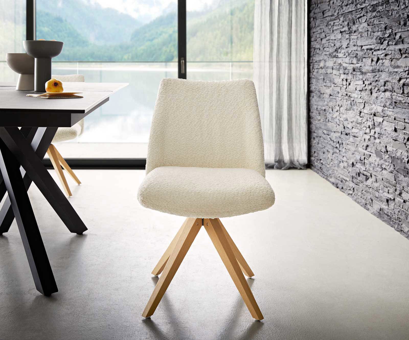 Otočná jedálenská stolička Elso-Flex bouclé biela drevená podstava hranatá prírodná 180° otočná vrecková pružina - Image 2