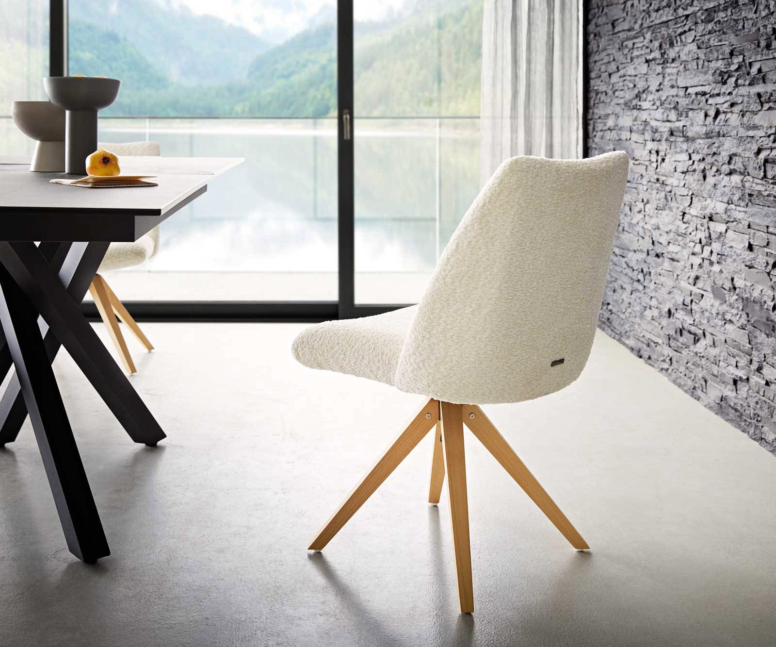 Otočná jedálenská stolička Elso-Flex bouclé biela drevená podstava hranatá prírodná 180° otočná vrecková pružina - Image 5