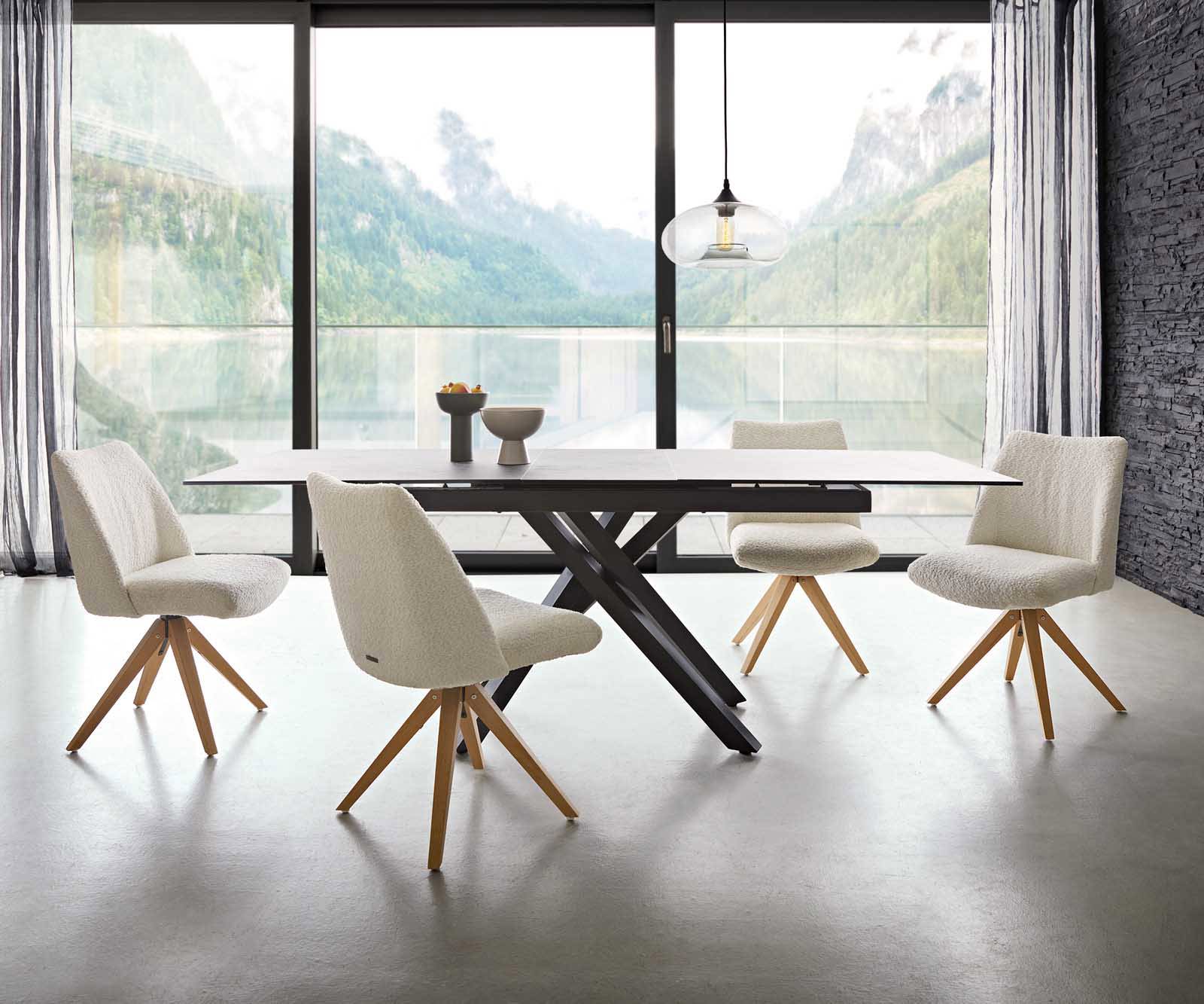 Otočná jedálenská stolička Elso-Flex bouclé biela drevená podstava hranatá prírodná 180° otočná vrecková pružina - Image 6