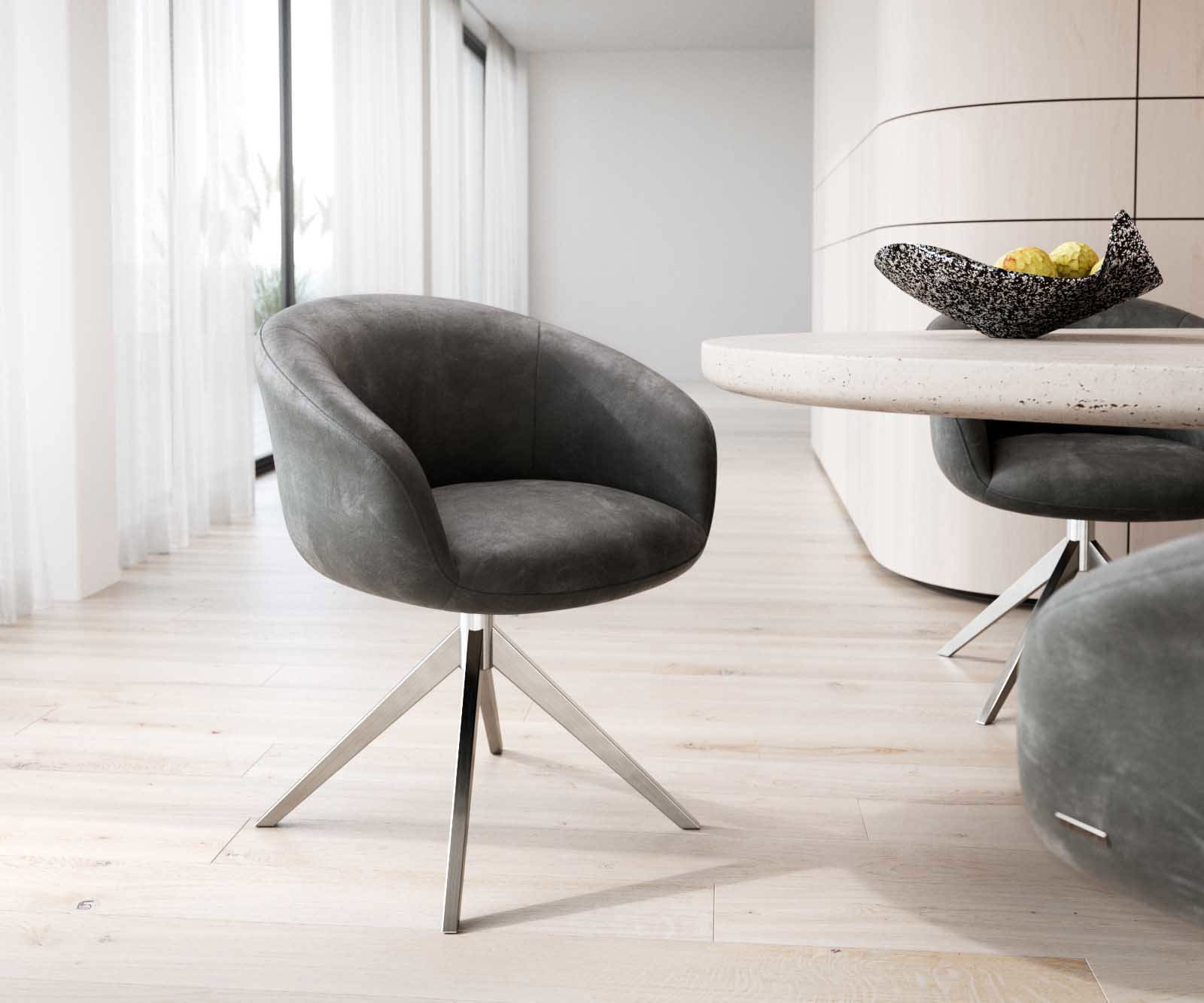 Otočná jedálenská stolička Vinka-Flex s opierkami mikrovlákno antracit vintage krížová podstava široká nerezová oceľ 360° otočná vrecková pružina