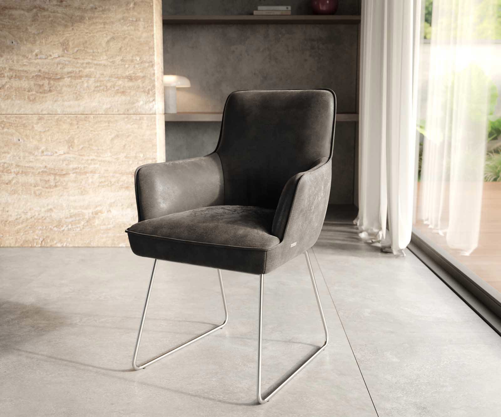 Jedálenská stolička Heira-Flex s opierkami mikrovlákno antracitová vintage tenká podstava nerezová oceľ vrecková pružina