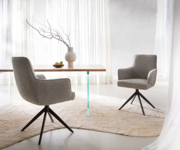 Heira-Flex otočná stolička s podrúčkami krížová základňa široká kovová čierna bouclé strieborná sivá 180° taštičkové pružiny - Image 6