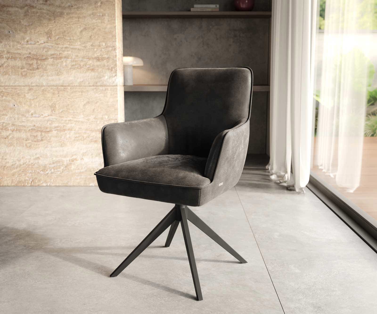 Jedálenská stolička Heira-Flex s opierkami mikrovlákno antracit vintage krížová podstava široká čierna 360° otočná vrecková pružina