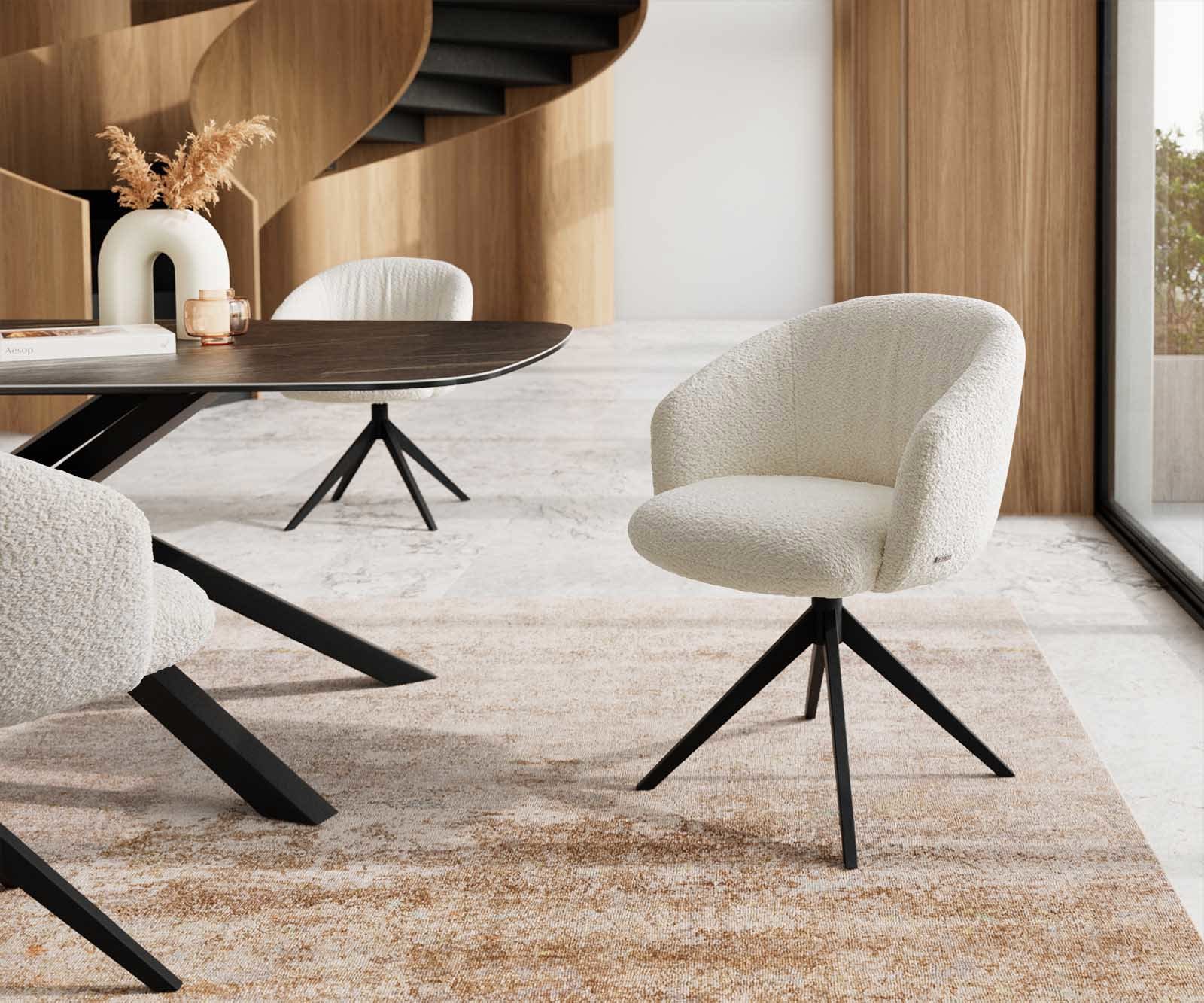 Jedálenská stolička Caja-Flex s opierkami bouclé biela kovová podstava široká čierna 360° otočná vrecková pružina