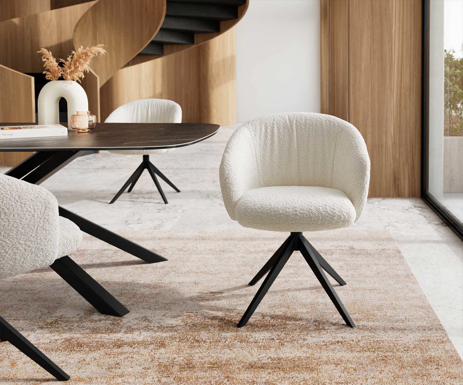 Jedálenská stolička Caja-Flex s opierkami bouclé biela kovová podstava široká čierna 360° otočná vrecková pružina - Image 2