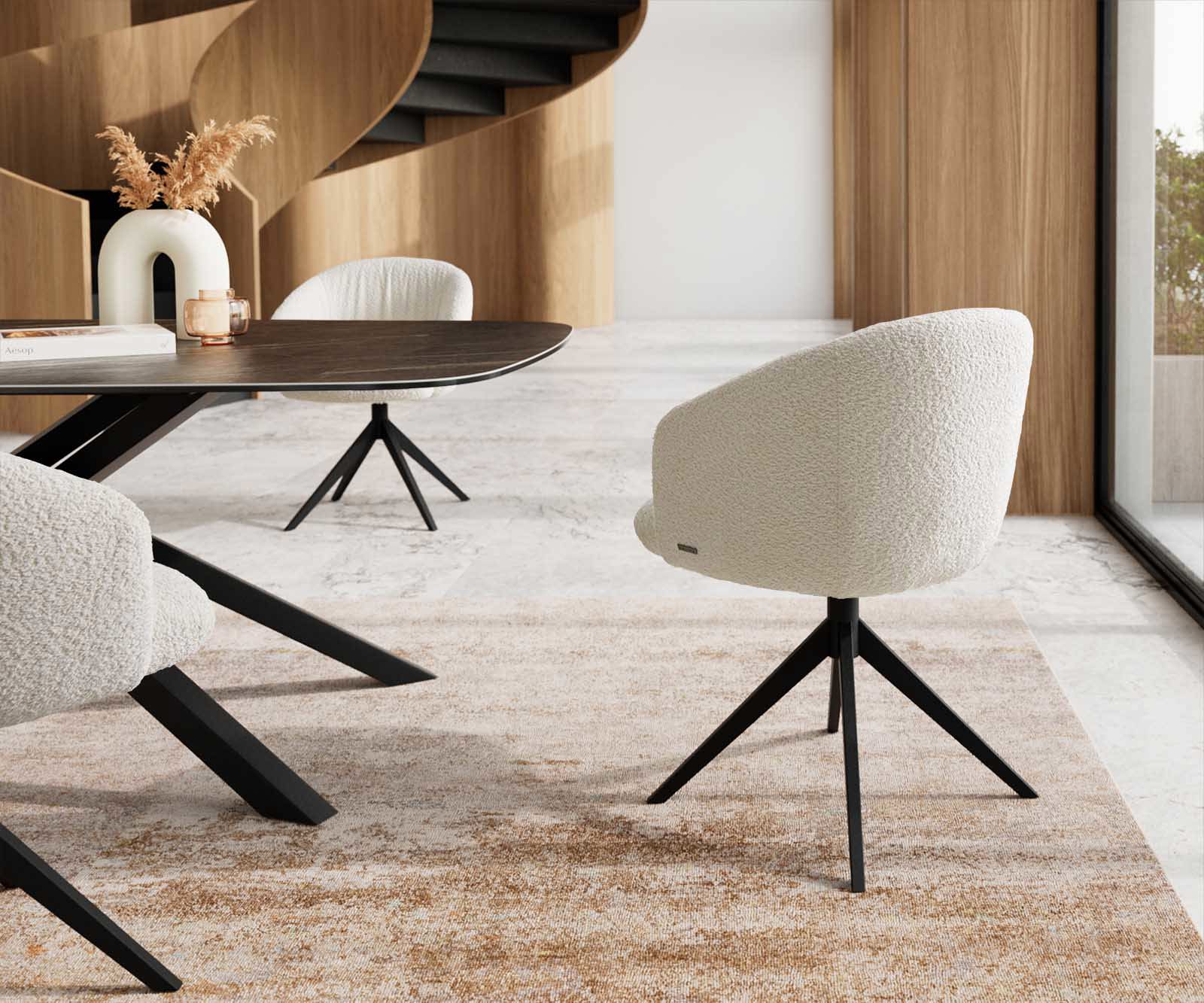 Jedálenská stolička Caja-Flex s opierkami bouclé biela kovová podstava široká čierna 360° otočná vrecková pružina - Image 5