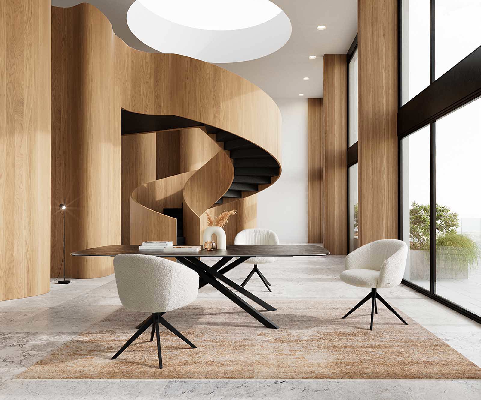 Jedálenská stolička Caja-Flex s opierkami bouclé biela kovová podstava široká čierna 360° otočná vrecková pružina - Image 6