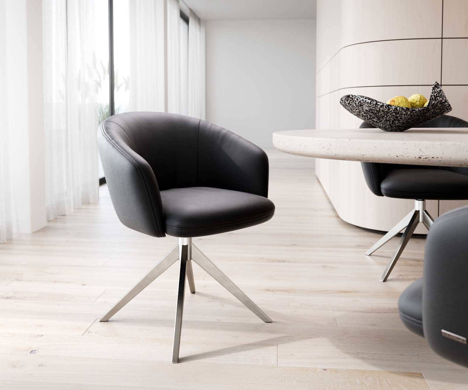 Jedálenská stolička Caja-Flex s opierkami pravá koža čierna krížová podstava široká nerezová oceľ otočný 360° vrecková pružina