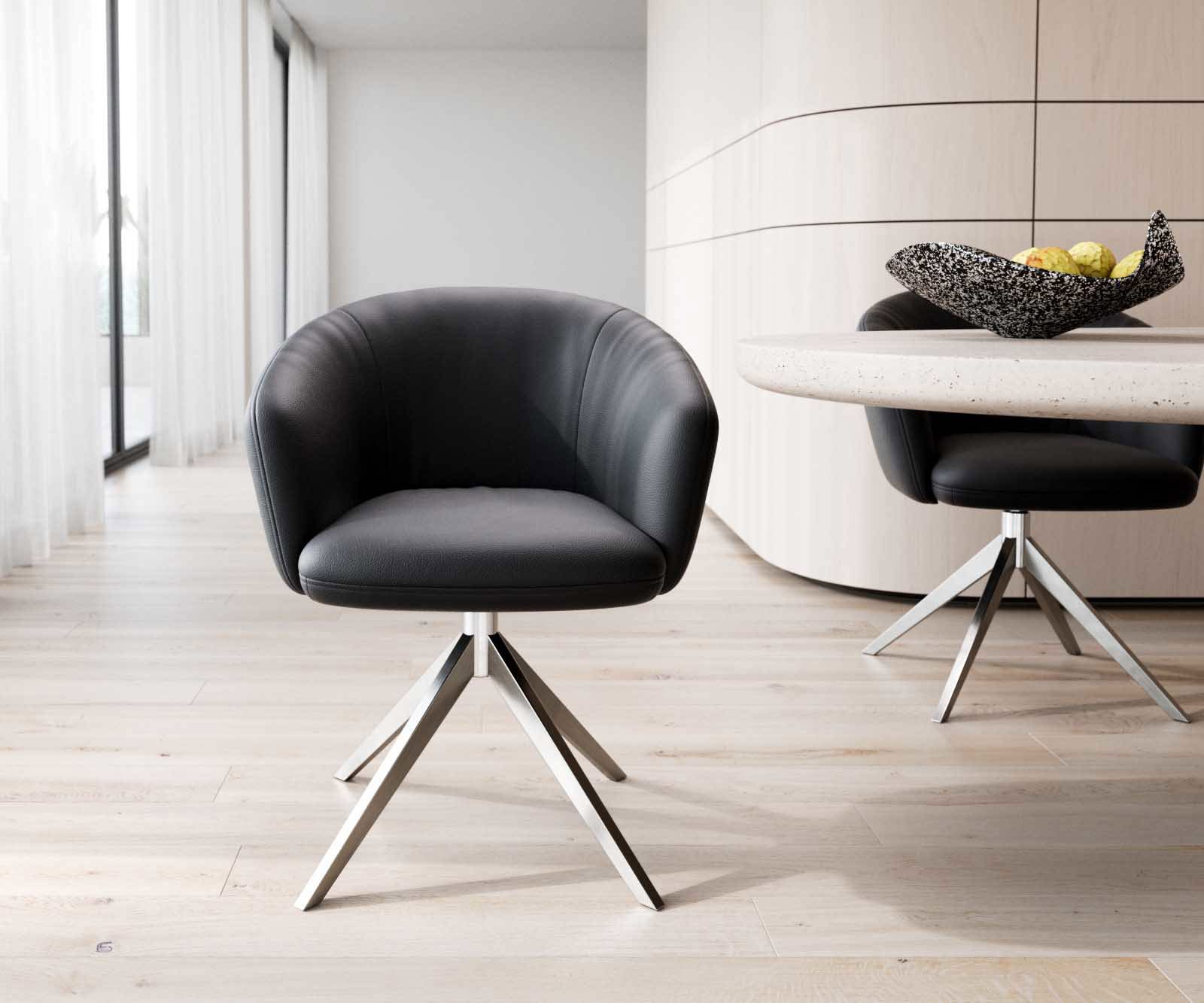 Jedálenská stolička Caja-Flex s opierkami pravá koža čierna krížová podstava široká nerezová oceľ otočný 360° vrecková pružina - Image 2