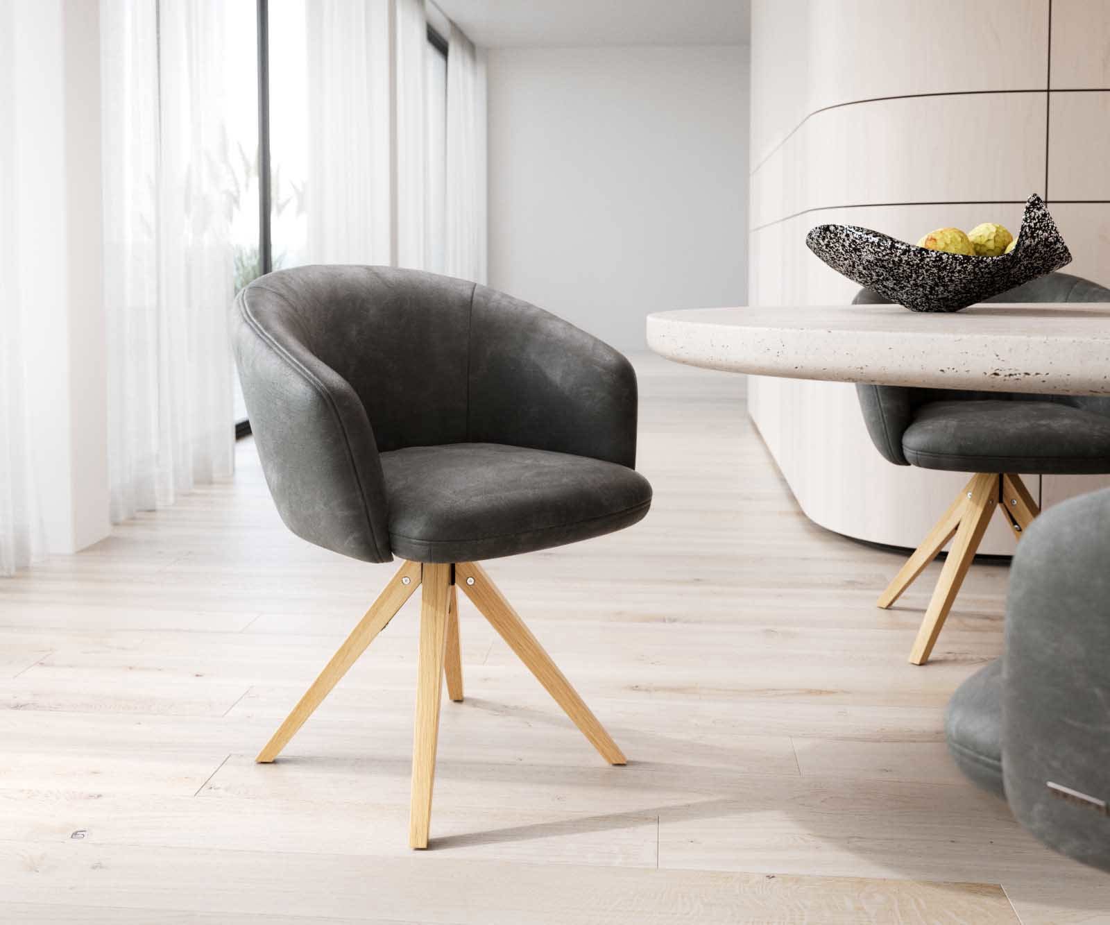 Jedálenská stolička Caja-Flex s opierkami mikrovlákno antracit vintage drevená podstava hranatá prírodná 180° otočná vrecková pružina