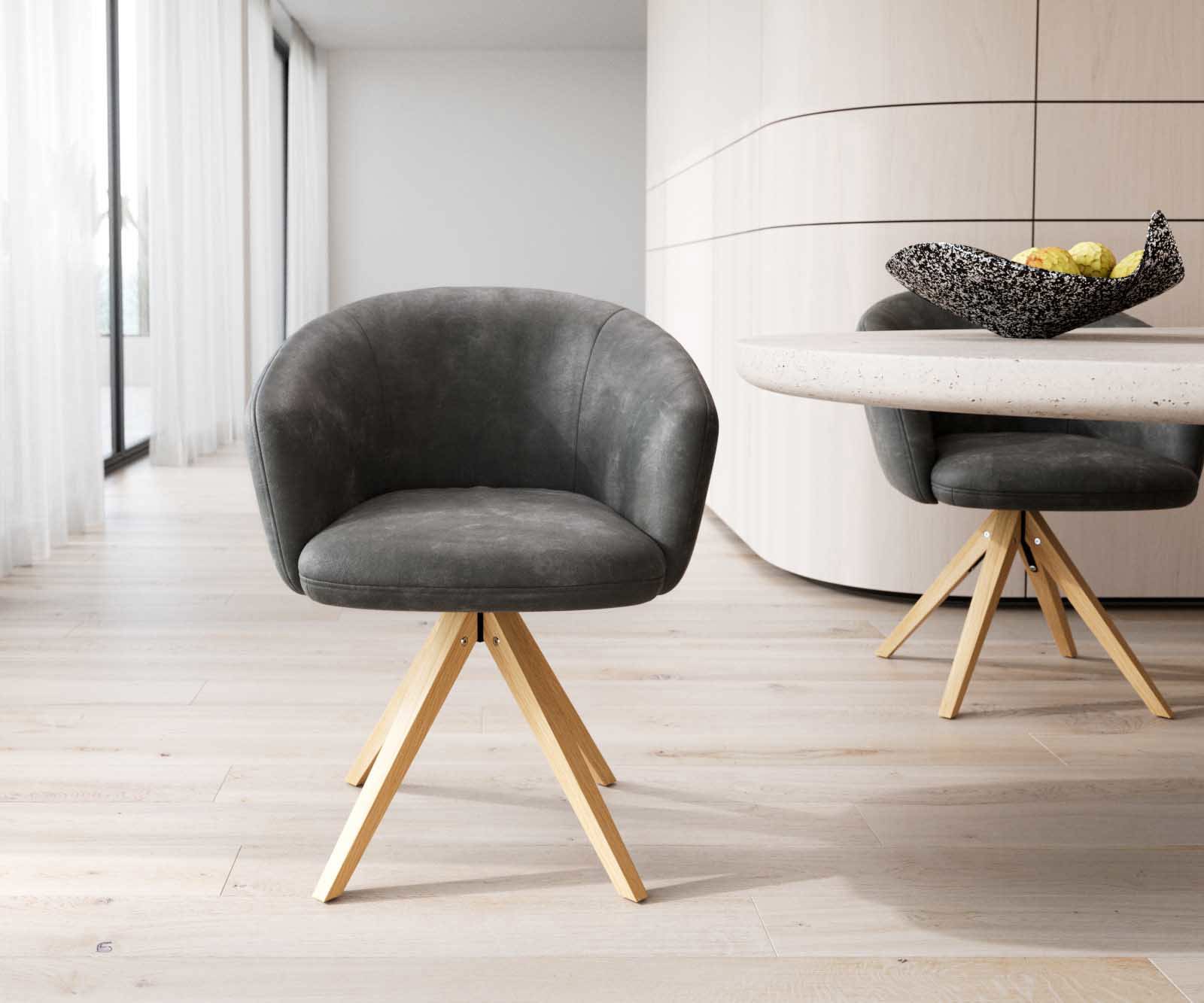 Jedálenská stolička Caja-Flex s opierkami mikrovlákno antracit vintage drevená podstava hranatá prírodná 180° otočná vrecková pružina - Image 2