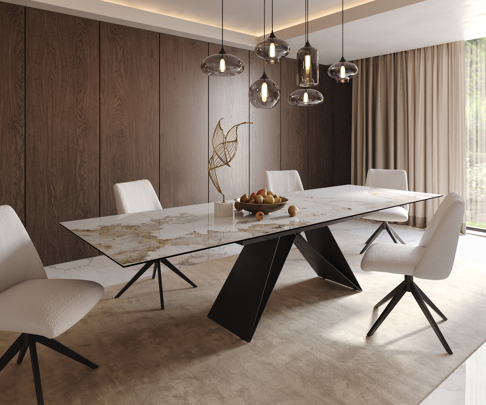 Jedálenský stôl Edge 200-300x100 keramika Minas melange bielo-béžová podstava v tvare V plochá oceľ čierna rozkladací