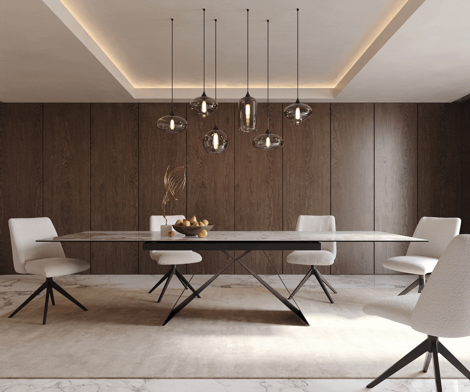 Jedálenský stôl Edge 200-300x100 keramika Minas melange bielo-béžová podstava v tvare V plochá oceľ čierna rozkladací - Image 7