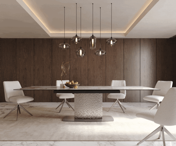 Jedálenský stôl Edge 200-300x100 keramika Minas Melange bielo-béžová vlna nerezová oceľ rozkladací - Image 7