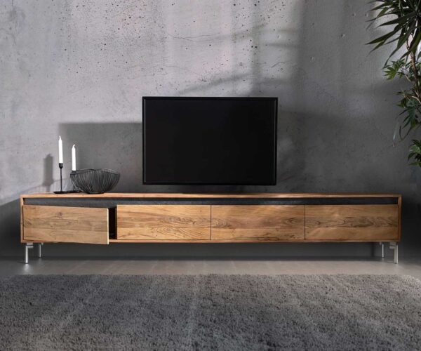 TV stolík Stonegrace 240 cm prírodná akácia 4 dvierka podstavec oválny nerezová oceľ - Image 6