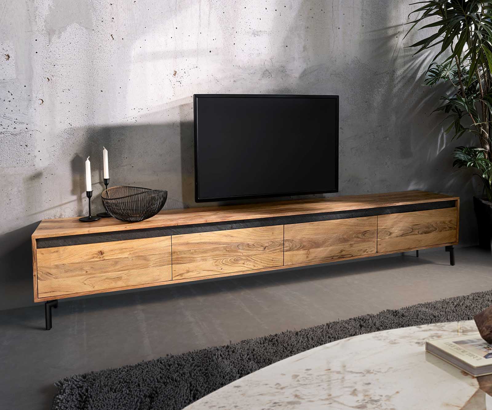 TV stolík Stonegrace 240 cm akácia prírodná 4 dvierka podstava oválna kov čierna