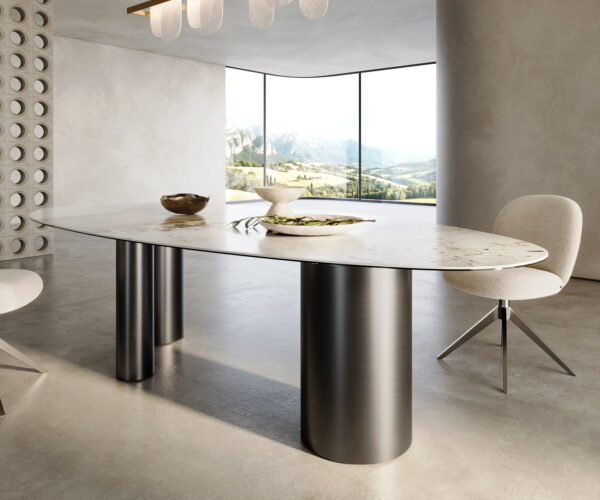 Jedálenský stôl Edge Oval 280x130 keramický Minas Melange biela a béžová Troa nerezová oceľ grafit - Image 6