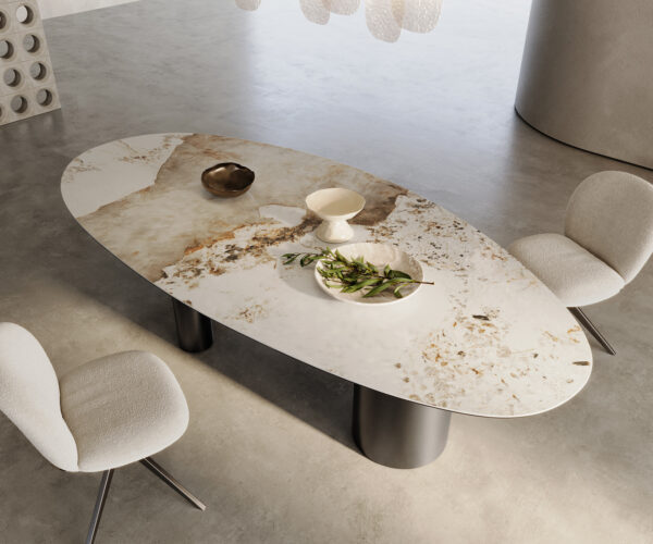 Jedálenský stôl Edge Oval 280x130 keramický Minas Melange biela a béžová Troa nerezová oceľ grafit - Image 2