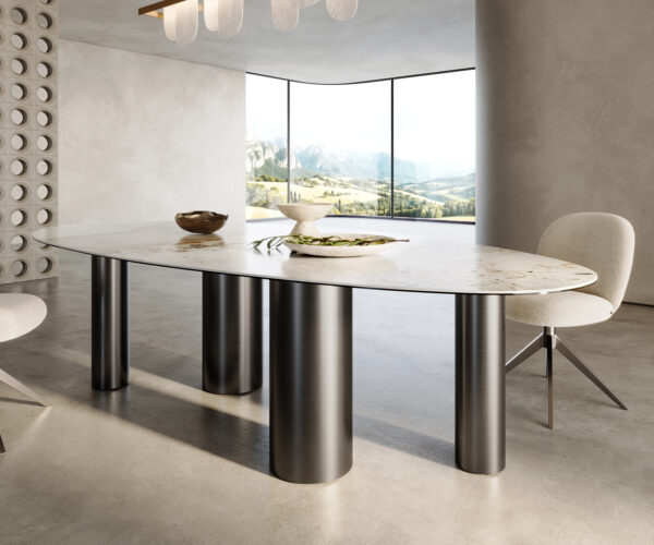 Jedálenský stôl Edge Oval 280x130 keramický Minas Melange bielo-béžový Pillar z nehrdzavejúcej ocele grafitovej farby - Image 6