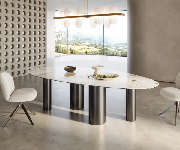 Jedálenský stôl Edge Oval 280x130 keramický Minas Melange bielo-béžový Pillar z nehrdzavejúcej ocele grafitovej farby - Image 4