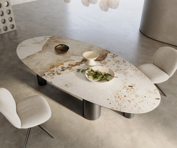 Jedálenský stôl Edge Oval 280x130 keramický Minas Melange bielo-béžový Pillar z nehrdzavejúcej ocele grafitovej farby - Image 2