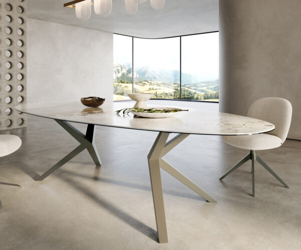 Jedálenský stôl Edge Oval 280x130 keramický Minas Melange biela a béžová Zenthara štvorcový povrch s kovovým efektom titánový - Image 6