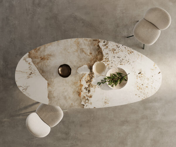 Jedálenský stôl Edge Oval 280x130 keramický Minas Melange biela a béžová Zenthara štvorcový povrch s kovovým efektom titánový - Image 7