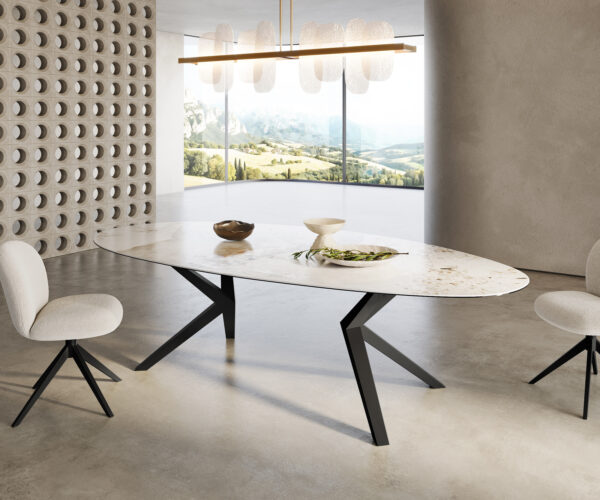 Jedálenský stôl Edge Oval 280x130 keramický Minas Melange bielo-béžový Zenthara štvorcový kovový čierny - Image 4