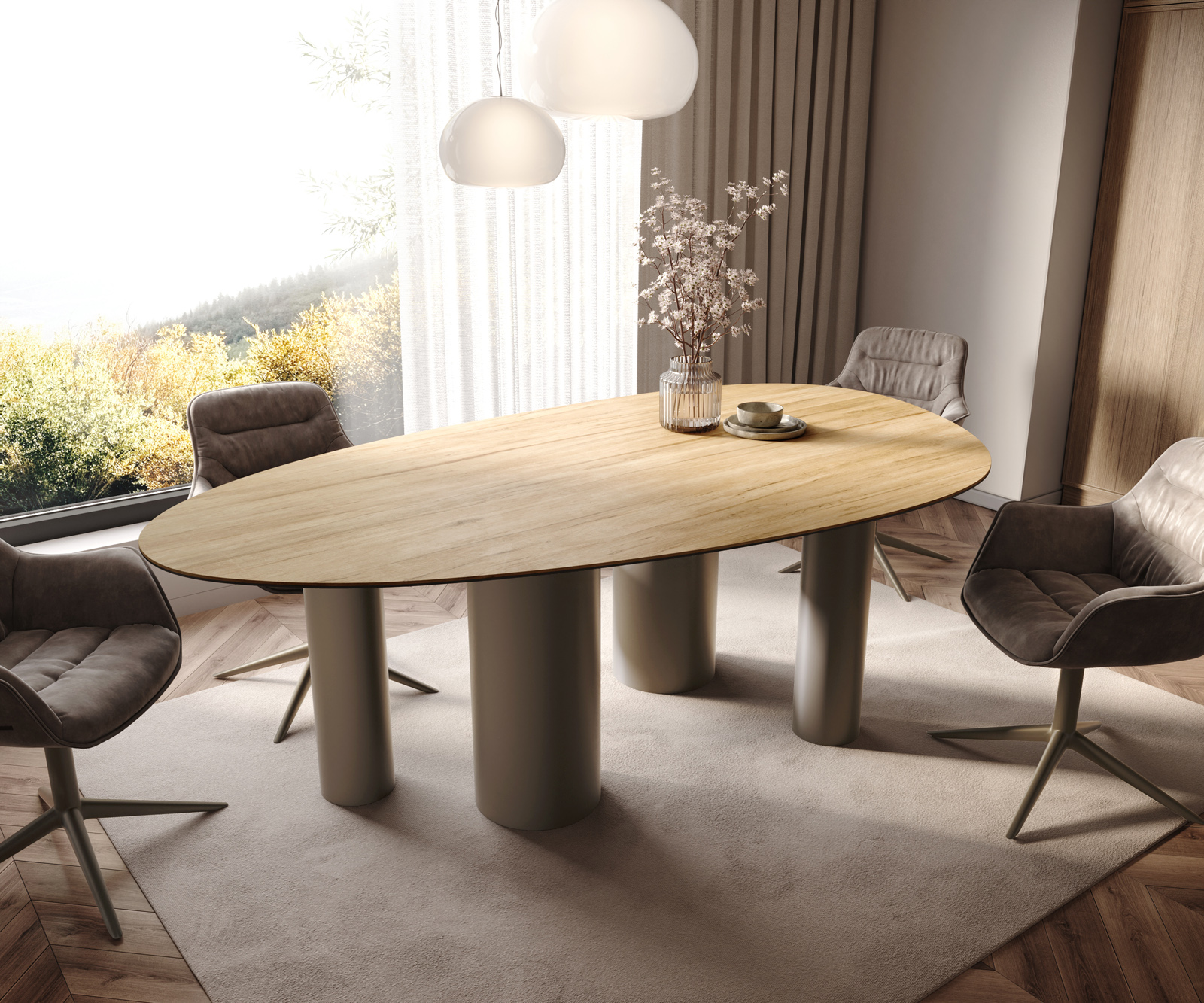 Jedálenský stôl Edge oválny 220x120 keramika Laminam® sabbia dubová podstava kov efekt titán